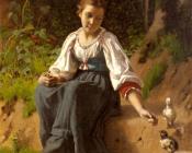 弗朗索瓦 阿尔弗雷德 德洛比 : A Young Girl feeding Baby Chicks